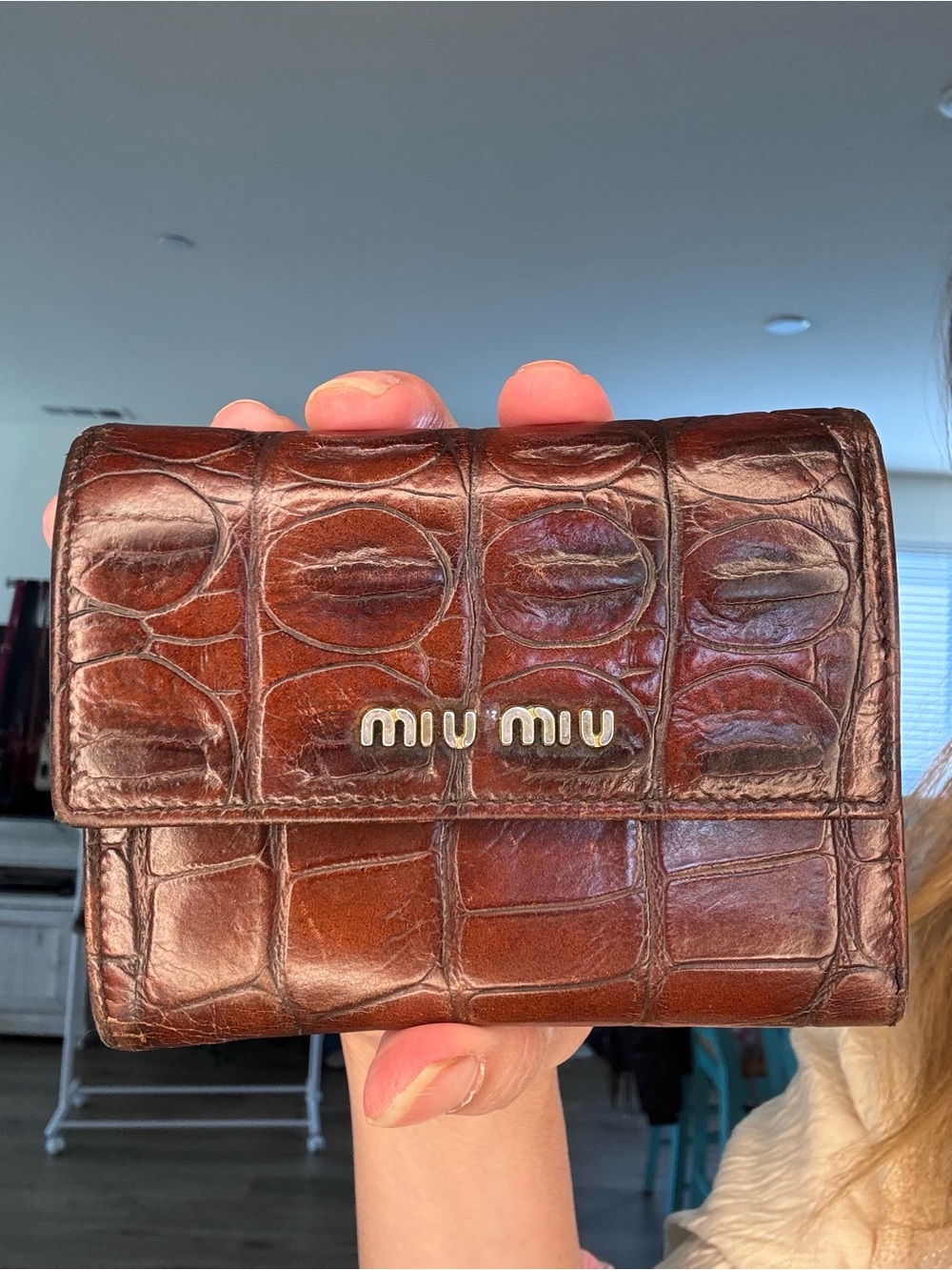 Mui Miu vintage burnished croc embossed leather wallet with COA
